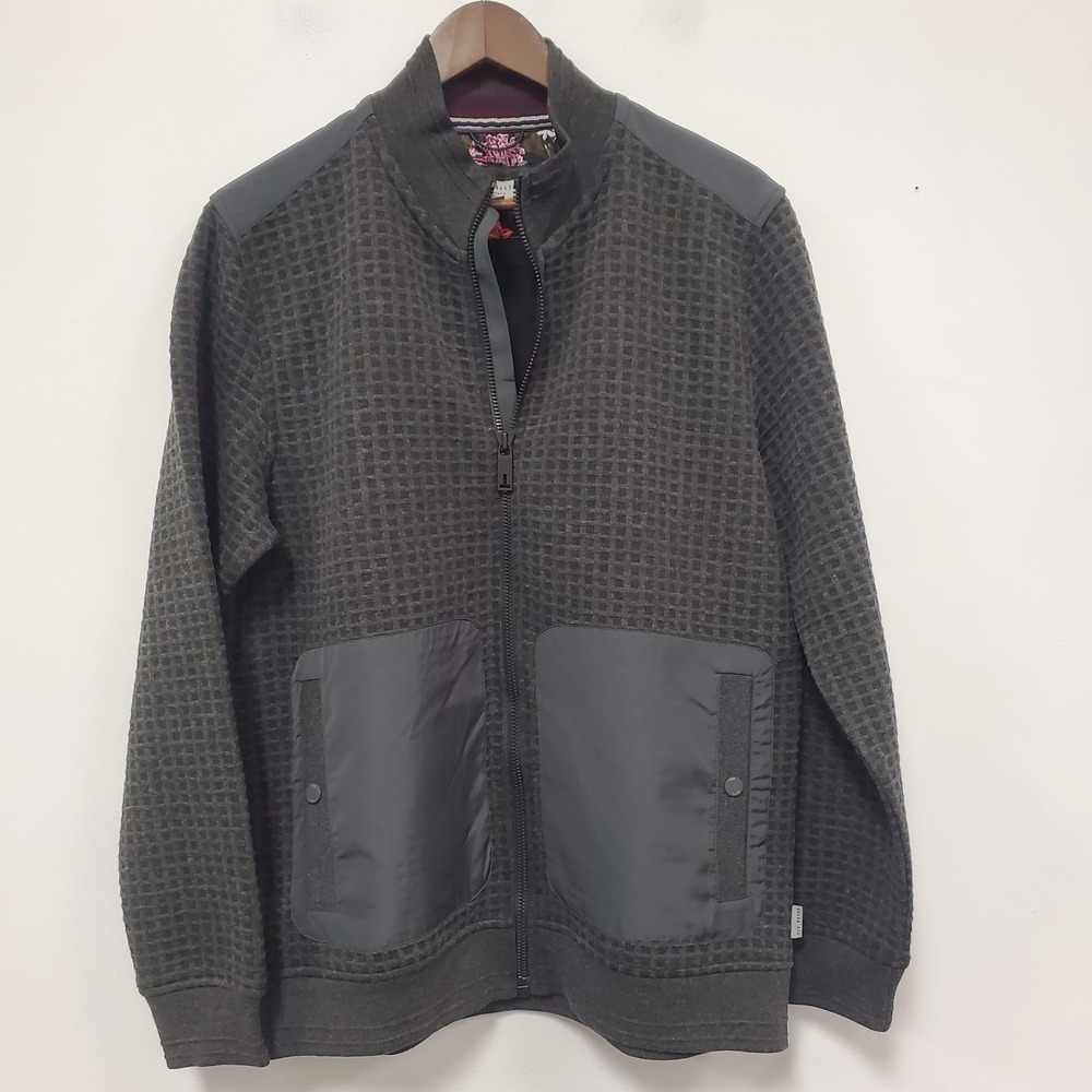 Ted Baker Mens Waffle Knit Full Zip Jacket Size 5 US XL Gray Textured Pockets